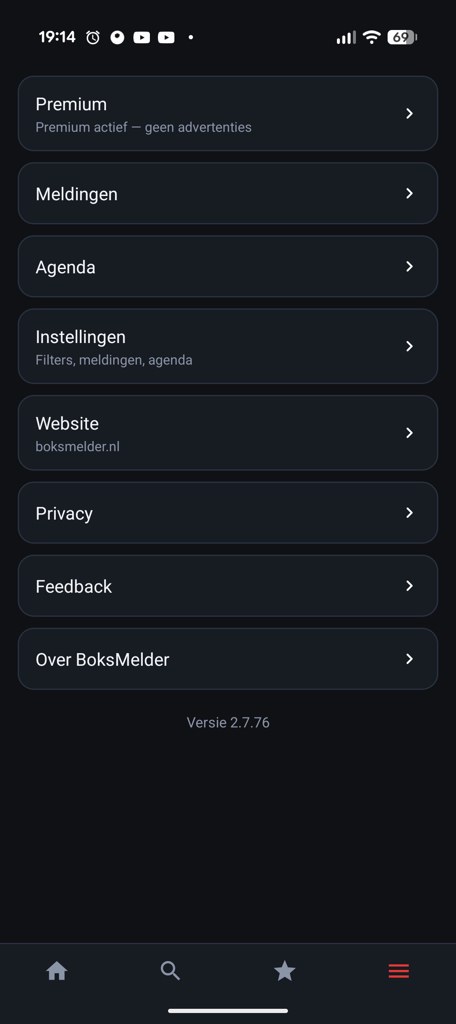 Meer-menu: Premium, meldingen, instellingen
