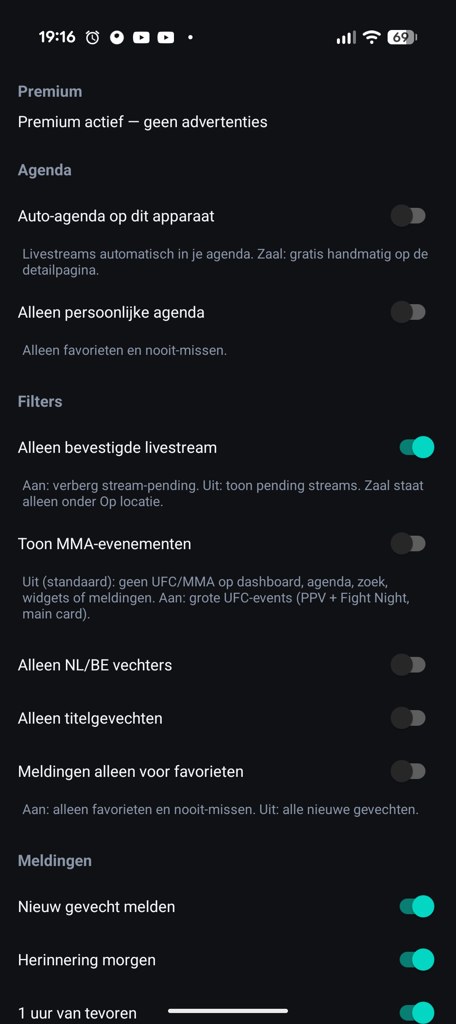 Instellingen: filters en bevestigde livestream