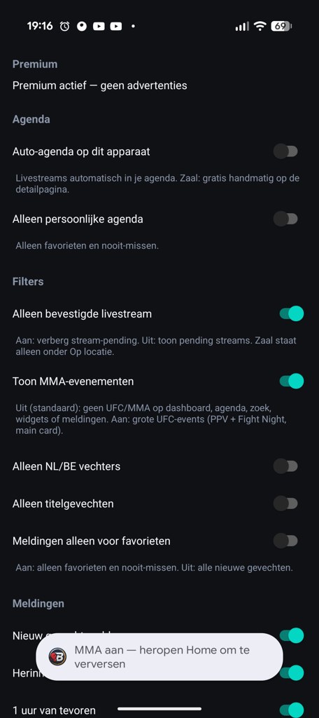 Instellingen met MMA optioneel en meldingen